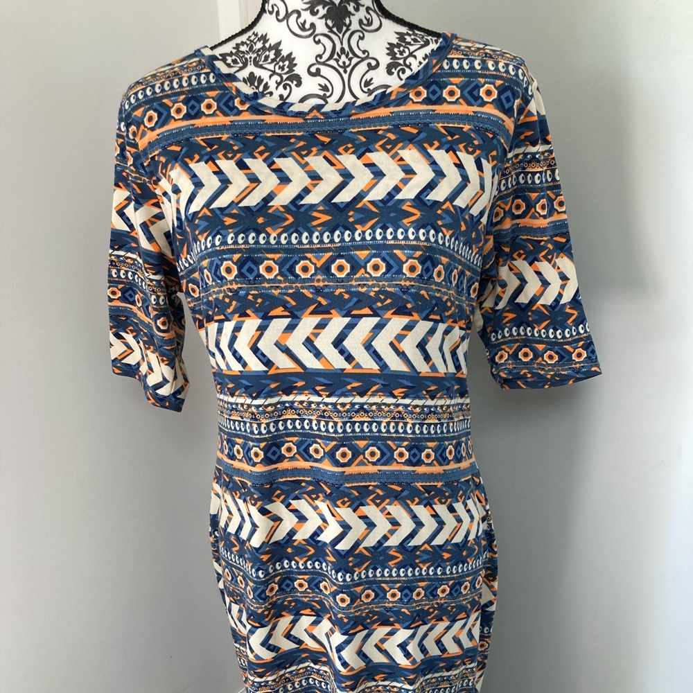 LulaRoe Julia Dress, size L, orange, blues, cream.